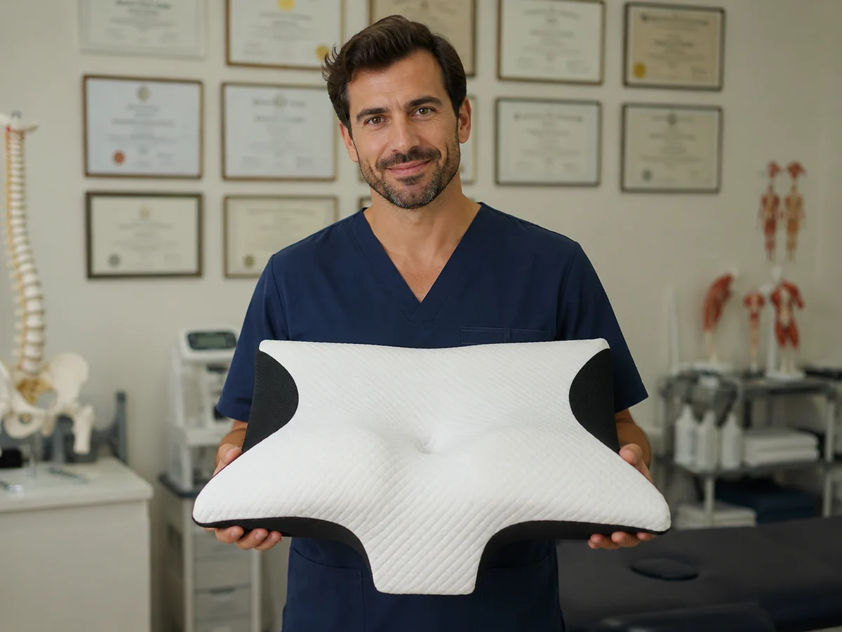 Fisioterapeuta sosteniendo la almohada cervical en consulta
